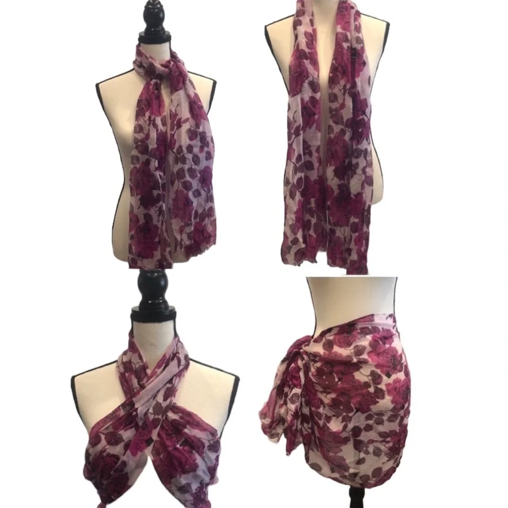 Purple Floral Semi Sheer Long Scarf Wrap Sarong Cover Up 71 x 22.5 inches